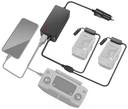 Автомобильное зарядное устройство для 2 аккумуляторов и пульта DJI Mavic 2 повышенной мощности (2 USB) (YX)