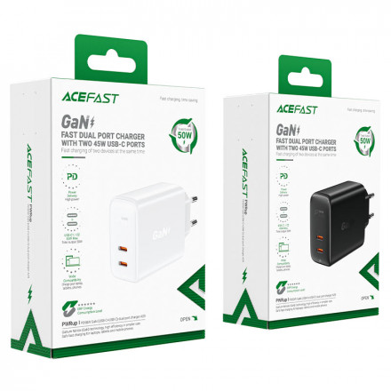 Зарядное устройство для Macbook/Iphone Acefast A29 GaN PD50W (2xUSB-C) EU