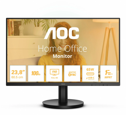 Монитор 23.8" AOC 24B3CA2 Black: Безрамочный Full HD IPS монитор с USB Type-C (Power Delivery), 100 Гц, встроенными динамиками и защитой зрения