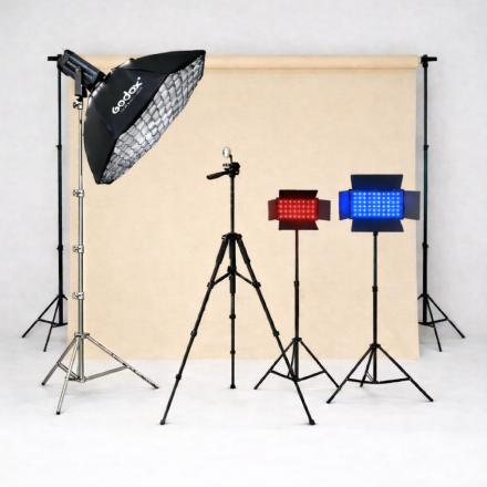 Профессиональный студийный свет Pro Studio Max с фоном: Bediro TJ300II + октобокс 95см + 2×RGB LED панели (U880+ PRO и U600+ PRO) + бумажный фон 2×3м + стойки + штатив F-660TK