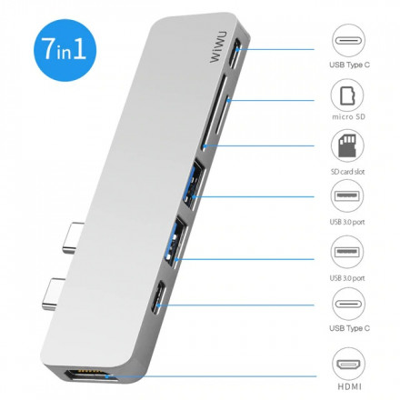 Алюминиевый концентратор WIWU USB Type-C 7 in 1 Hub T8 Grey