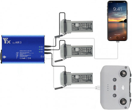 Зарядное устройство для 3 аккумуляторов DJI Air 3, пульта и мобильного устройства (YX)