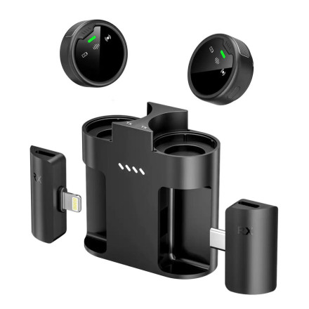 Беспроводной петличный микрофон S60 (2 передатчика + приёмник Lightning/USB-C, кейс-зарядка, шумоподавление)