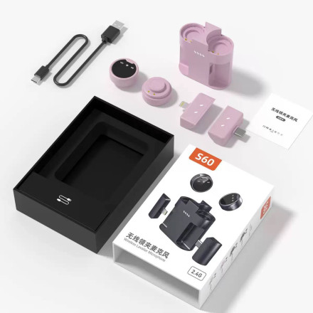 Беспроводной петличный микрофон S60 (2 передатчика + приёмник Lightning/USB-C, кейс-зарядка, шумоподавление)